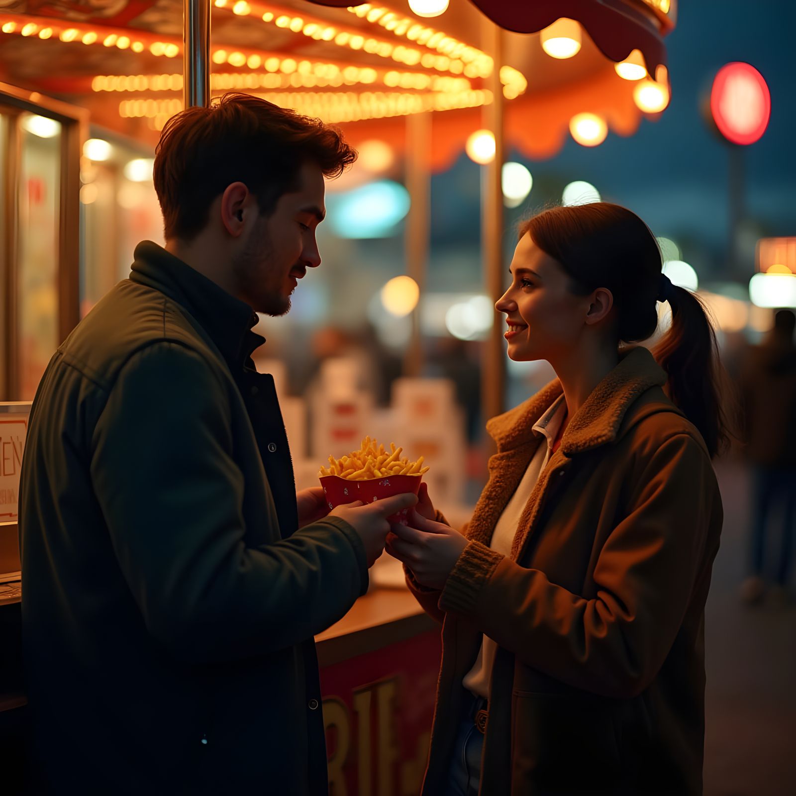Couple Sharing Fries at Night Fair Food Stand