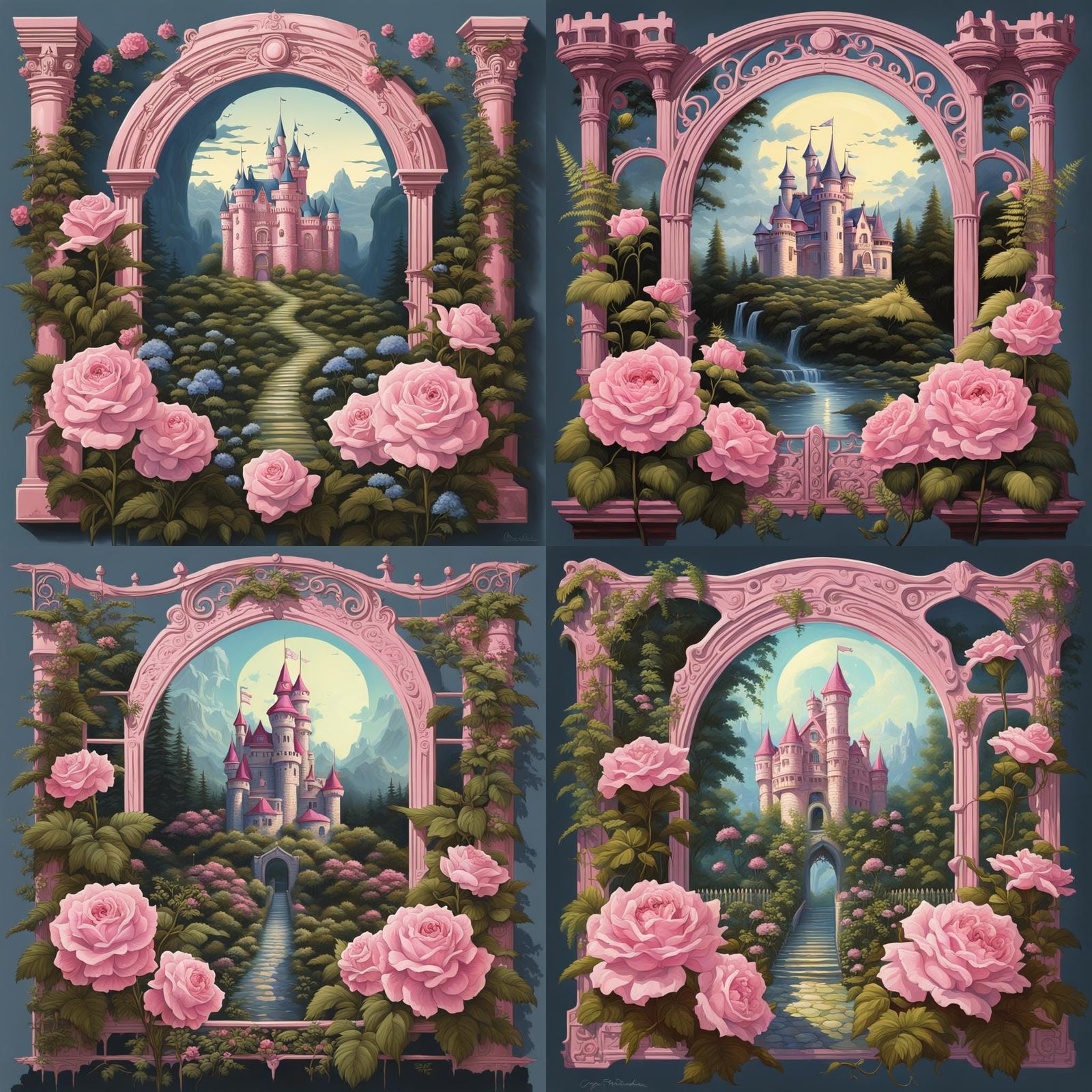 Art Nouveau Castle with Pink Flowers