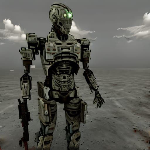 high tech humanoid robot, (futuristic soldier), holding gun, camo armor, action pose, science fiction, post apocalyptic ...