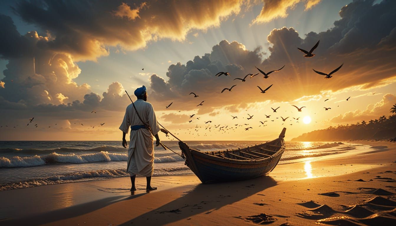Indian Fisherman at Sunset Golden Hour Digital Painting