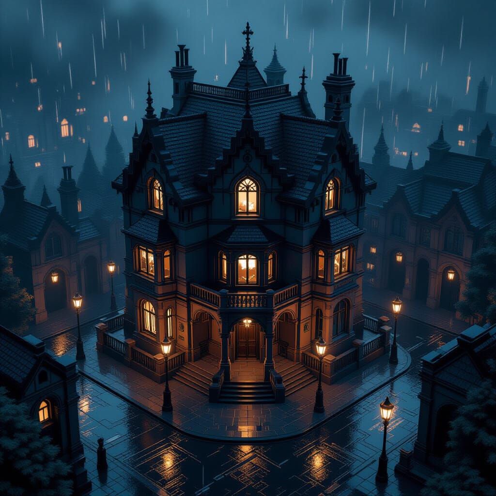 Voxel Gothic Mansion on Dark Streets Isometric View
