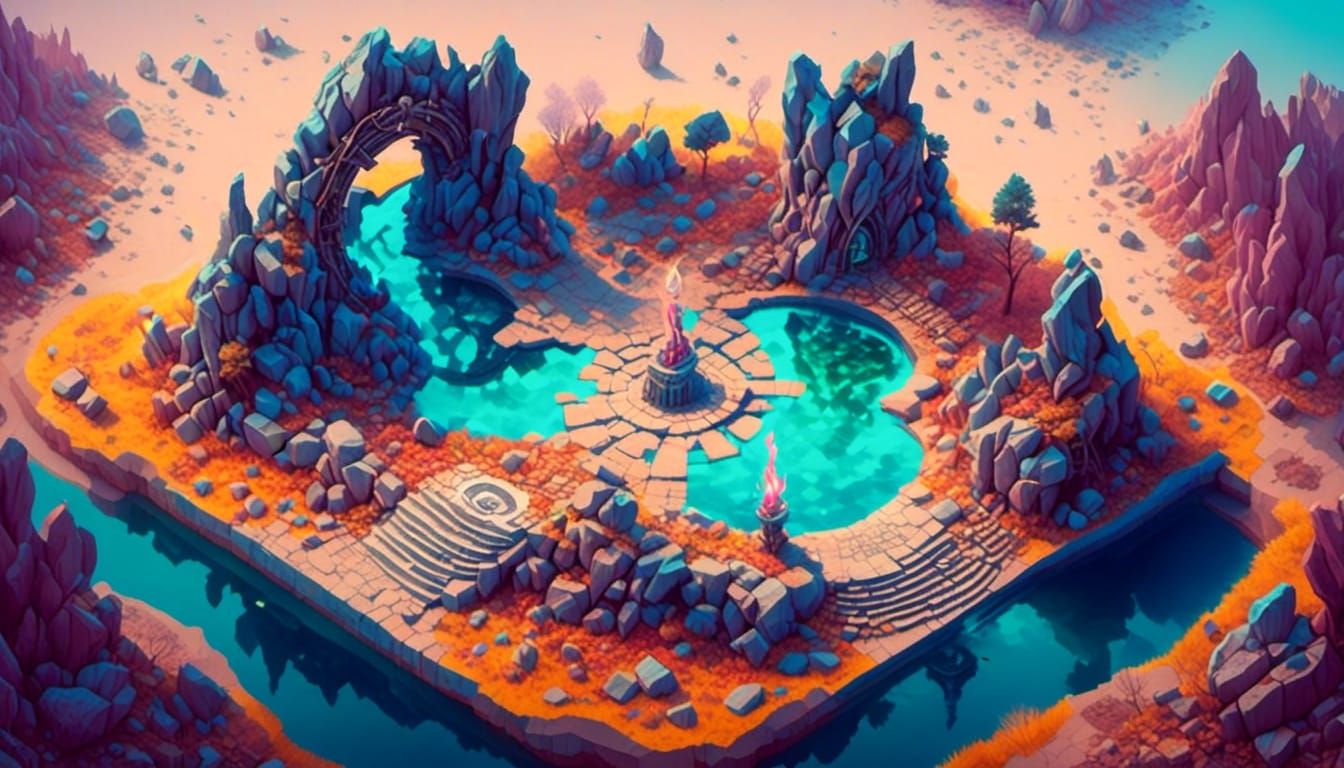 Granite Altar in Desert: Surreal Isometric View