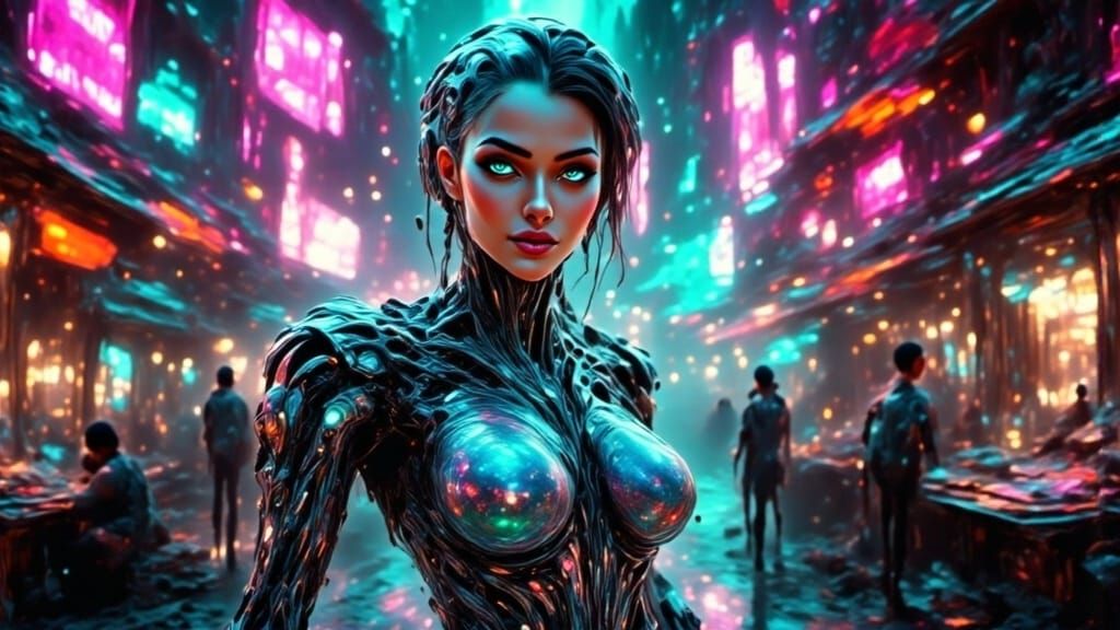 Cyborg in Futuristic Neon Marketplace