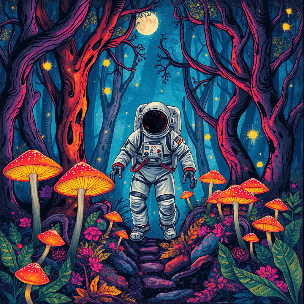 Astronaut's Psychedelic Forest Adventure in Graffiti Style