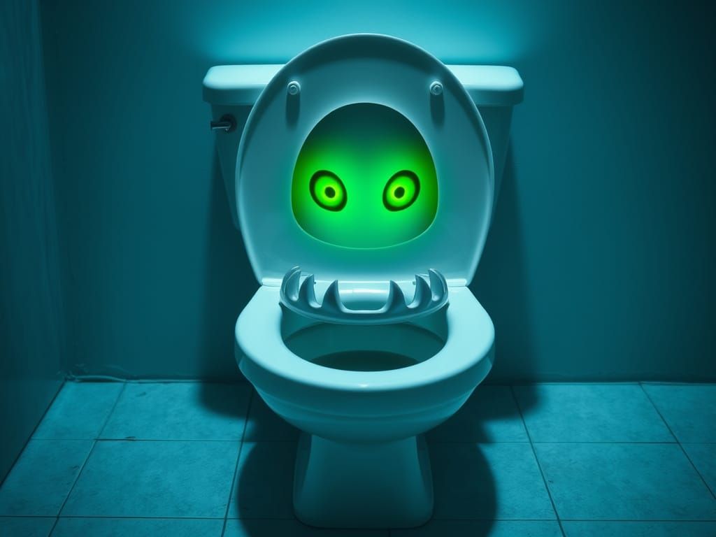 Toilet Monster with Glowing Eyes and Sharp Teeth