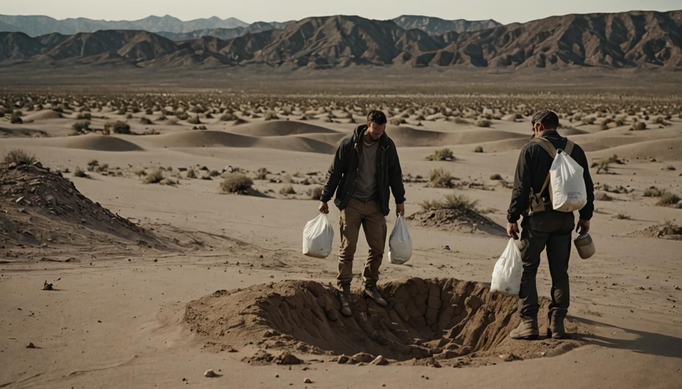Ominous Desert Grave with Body Bags: Cinematic Still