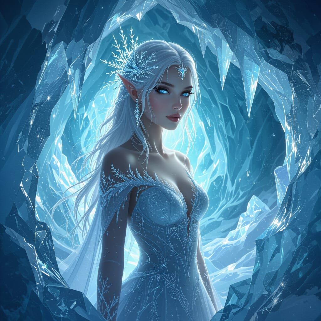 Ethereal Ice Spirit Woman in Crystal Cave