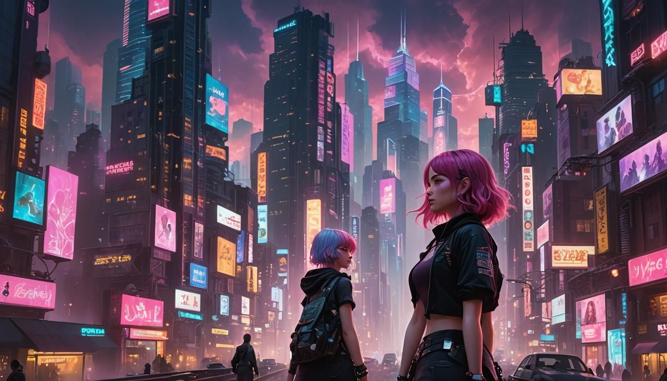 Cyberpunk Cityscape with Girl, in Unreal Engine 5 Style