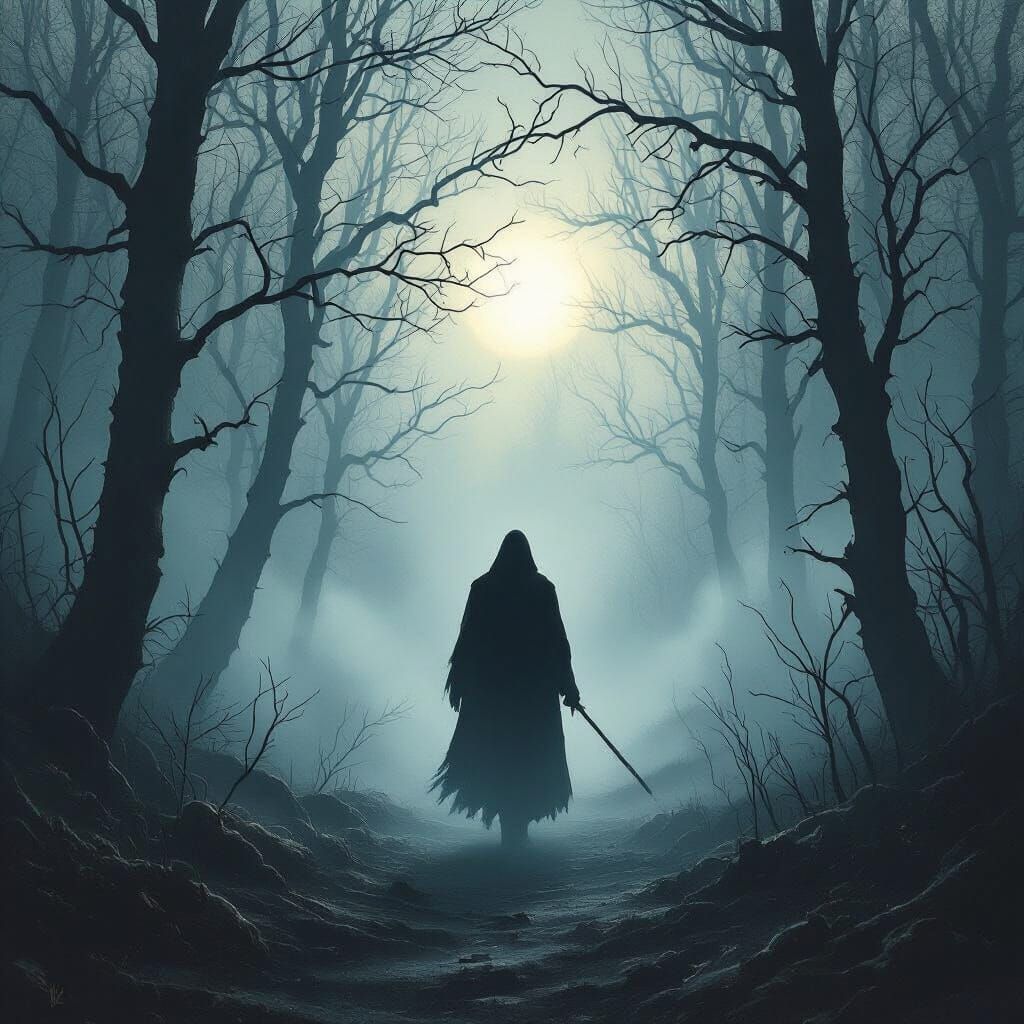 Shadowy Figure in Bleak Forest Dawn