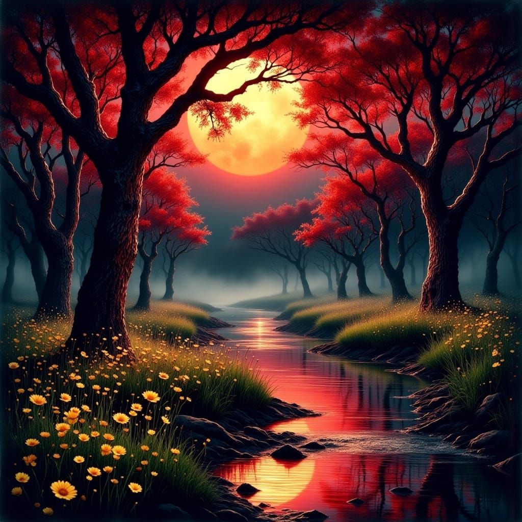 Moonlit Spring Scene with Salmon Run