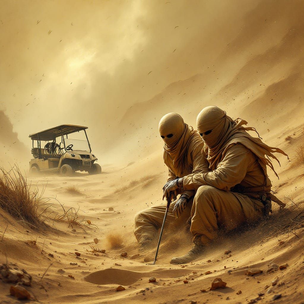 Golfers Brave a Sandstorm in Dark Fantasy Style