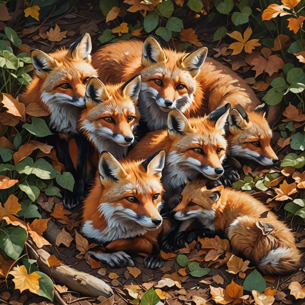 Fox Family Nursing in Autumn Den: Hyperrealistic Art