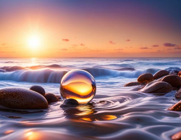 Bioluminescent Glass Bubbles on Beach at Golden Hour