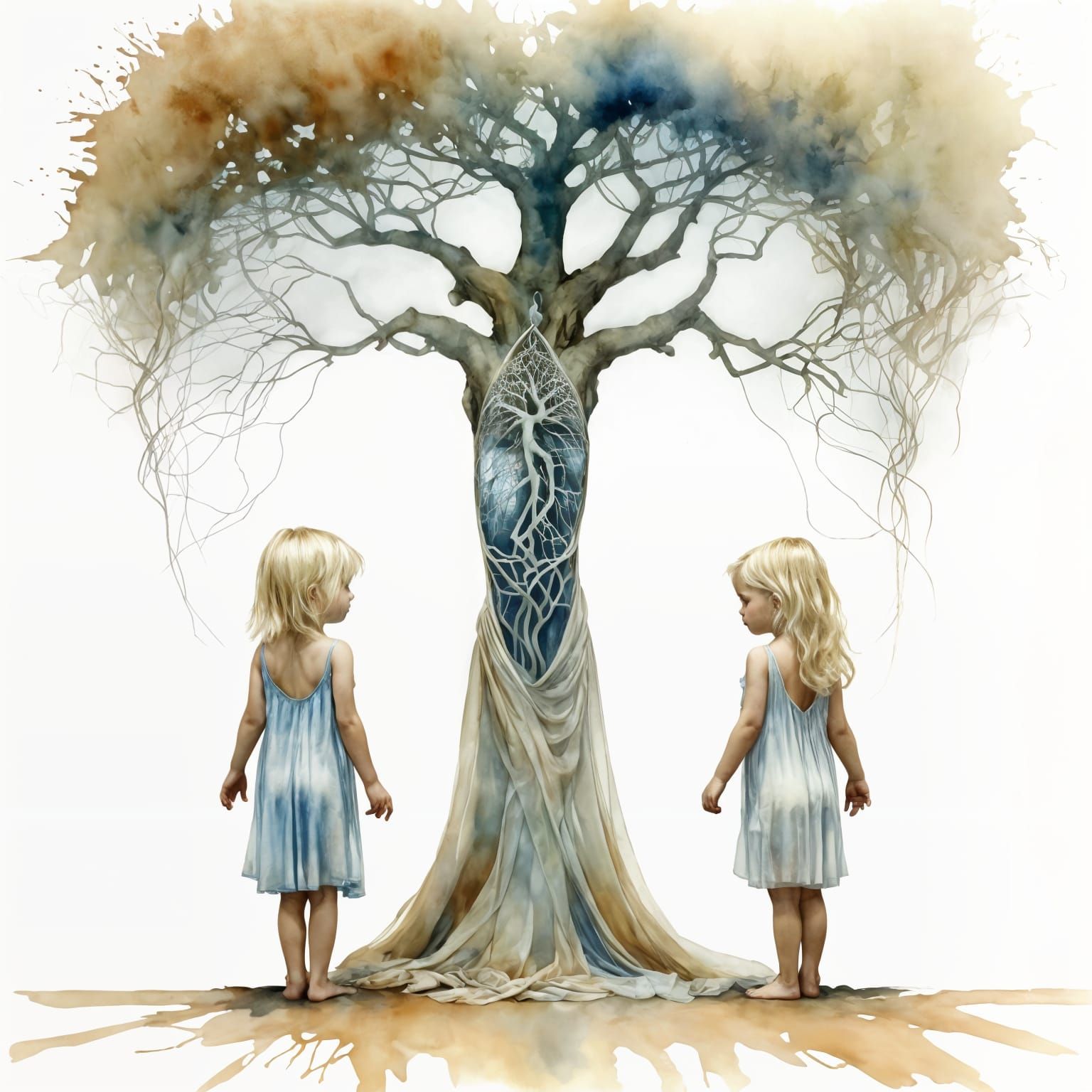 Toddlers by the Tree of Life: Watercolor Illustration