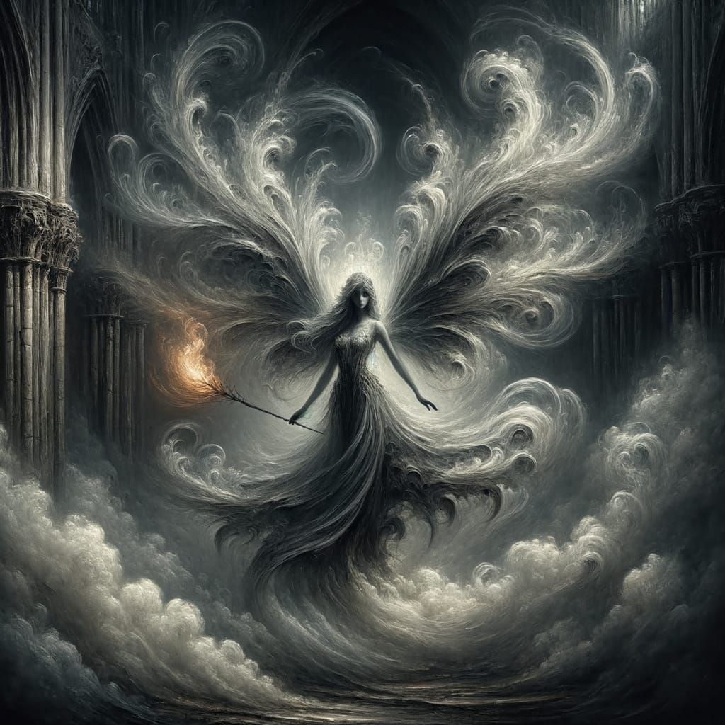 Ethereal Smoke Fairy in Dark Gothic Landscape