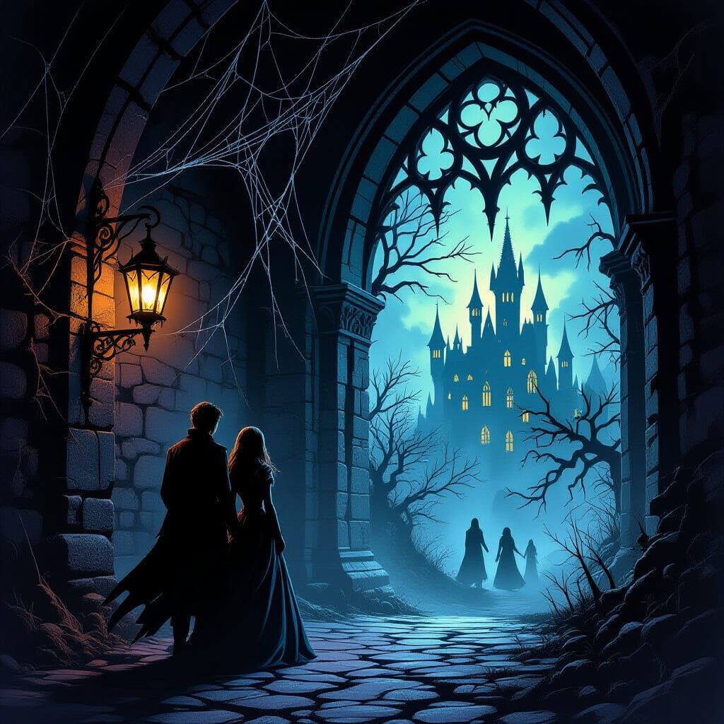 Couple in Spooky Castle on Halloween Night