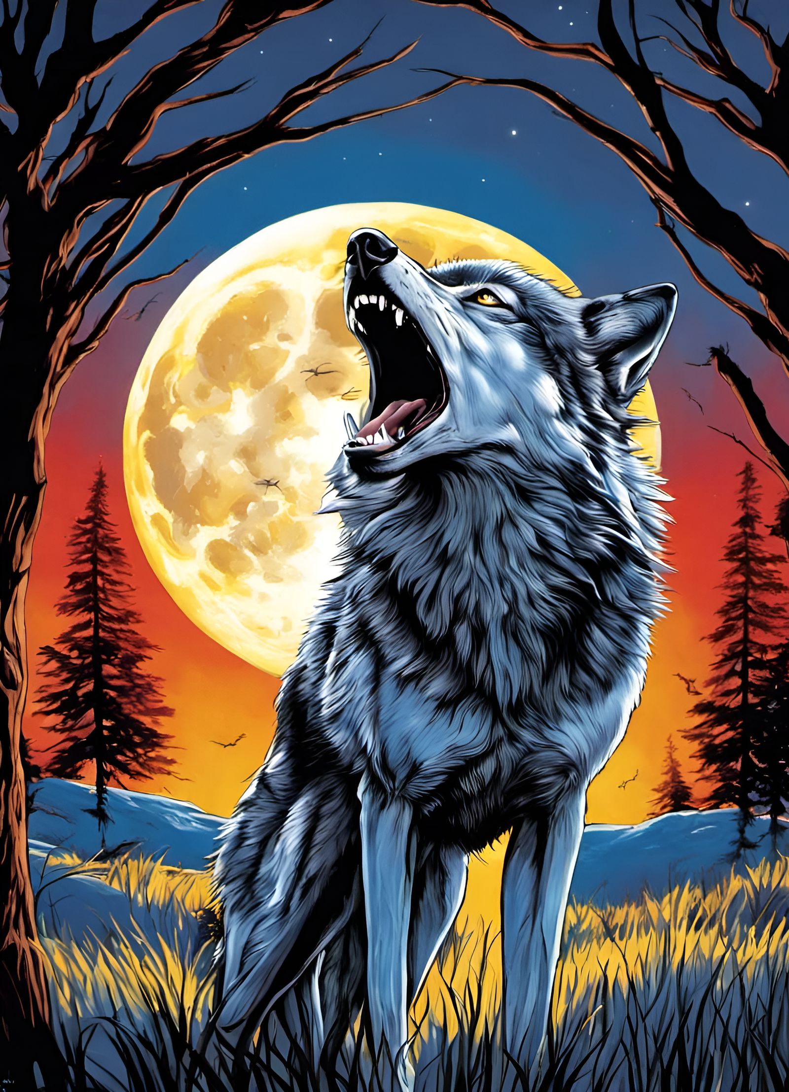 Wolf Howling at Moonlit Night, Realistic Rendering
