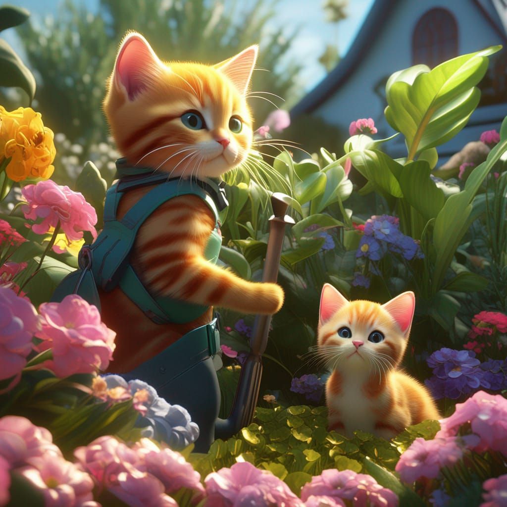 Anthropomorphic Kittens Gardening in Hyperdetailed Style