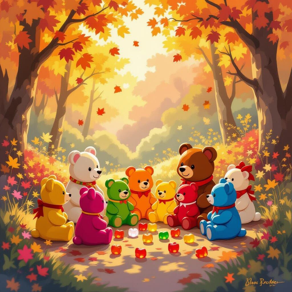 Magical Autumn Day with Gummy Bears in Painterly Style