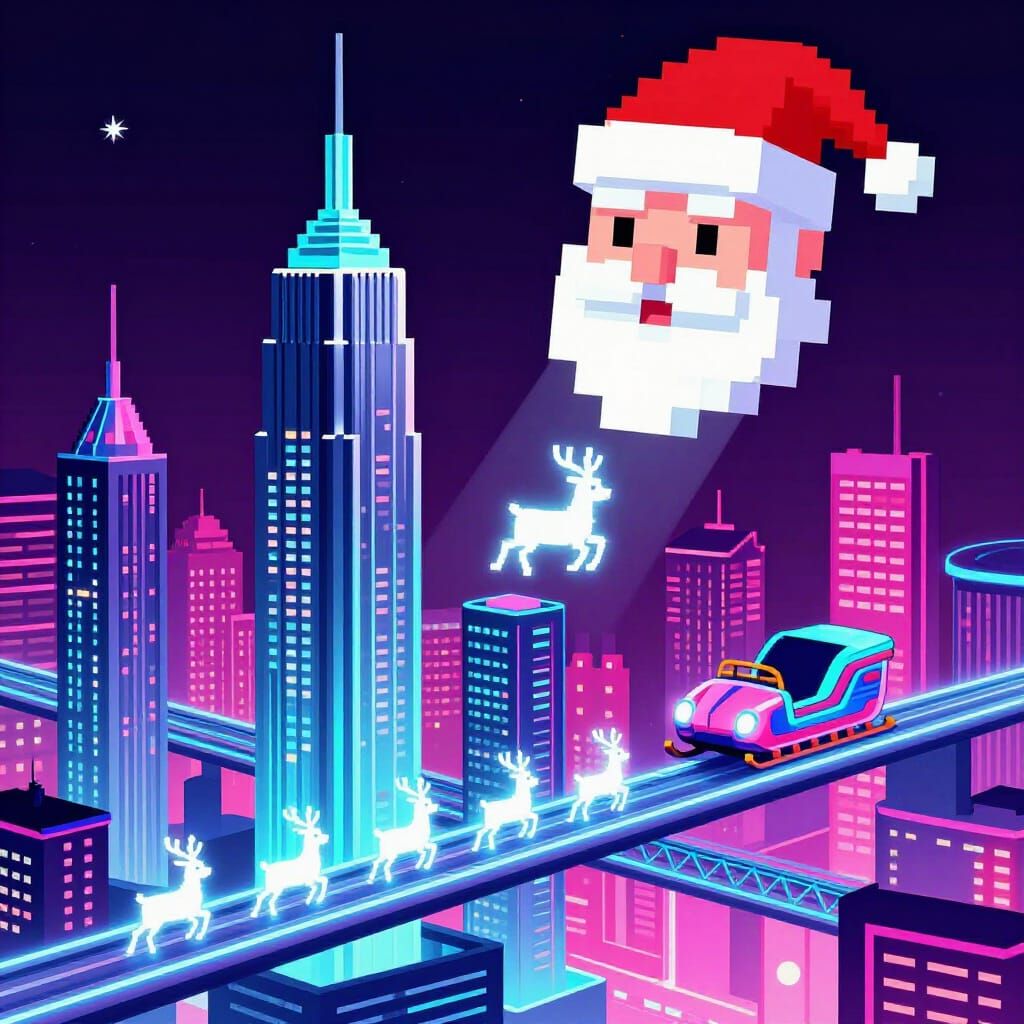 Retro 90s Christmas Cityscape with Flying Sleighs and Santa