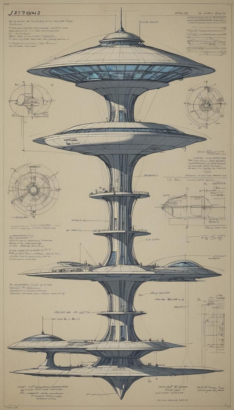 Space age building, skylights, transport landing pads, side view, engineering drawing, specification notes, blueprints