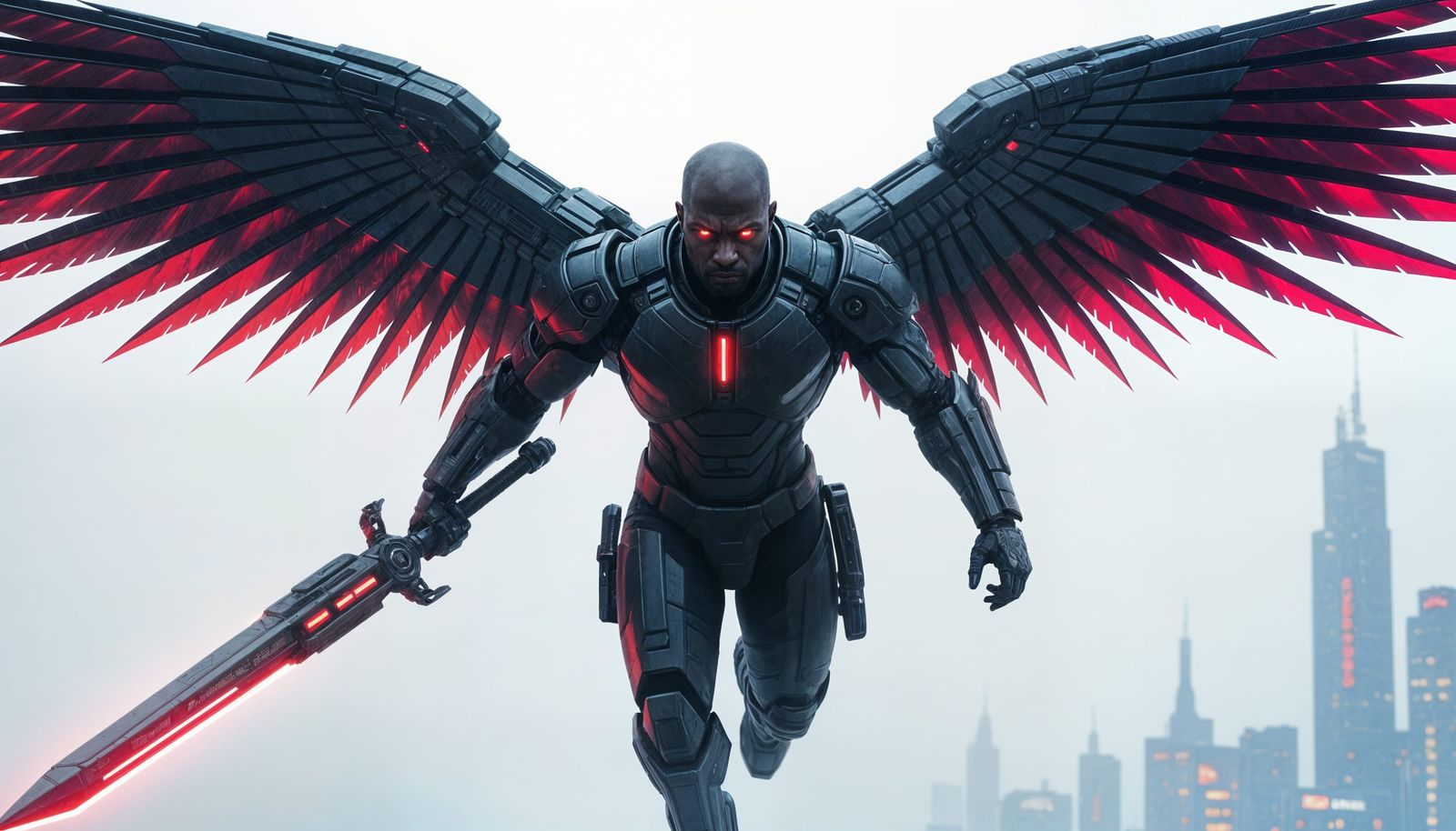 Cyberpunk Guardian in Flight with Cybernetic Sword