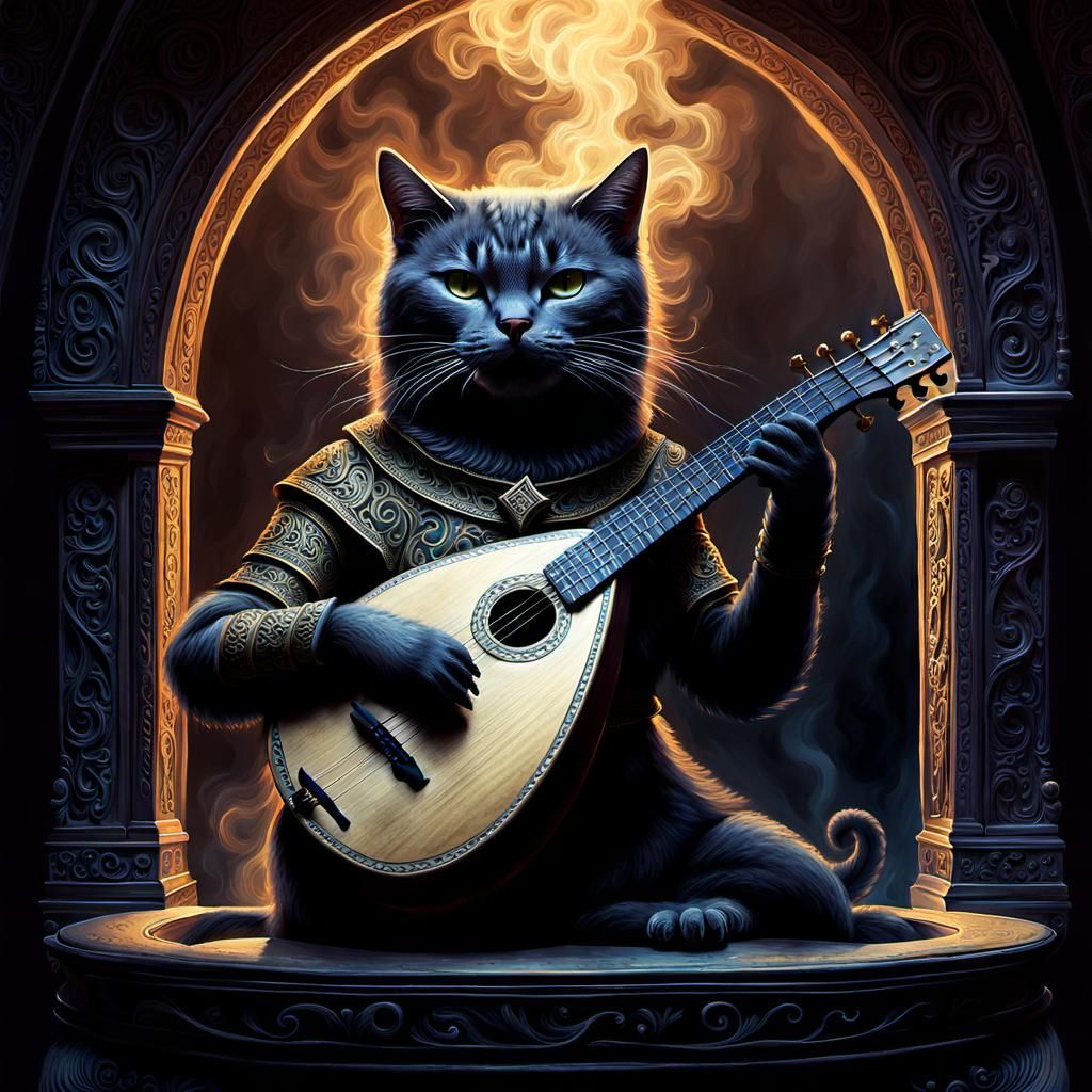 Dramatic Baroque Cat Bard Performs with Intricate Lute in Sm...
