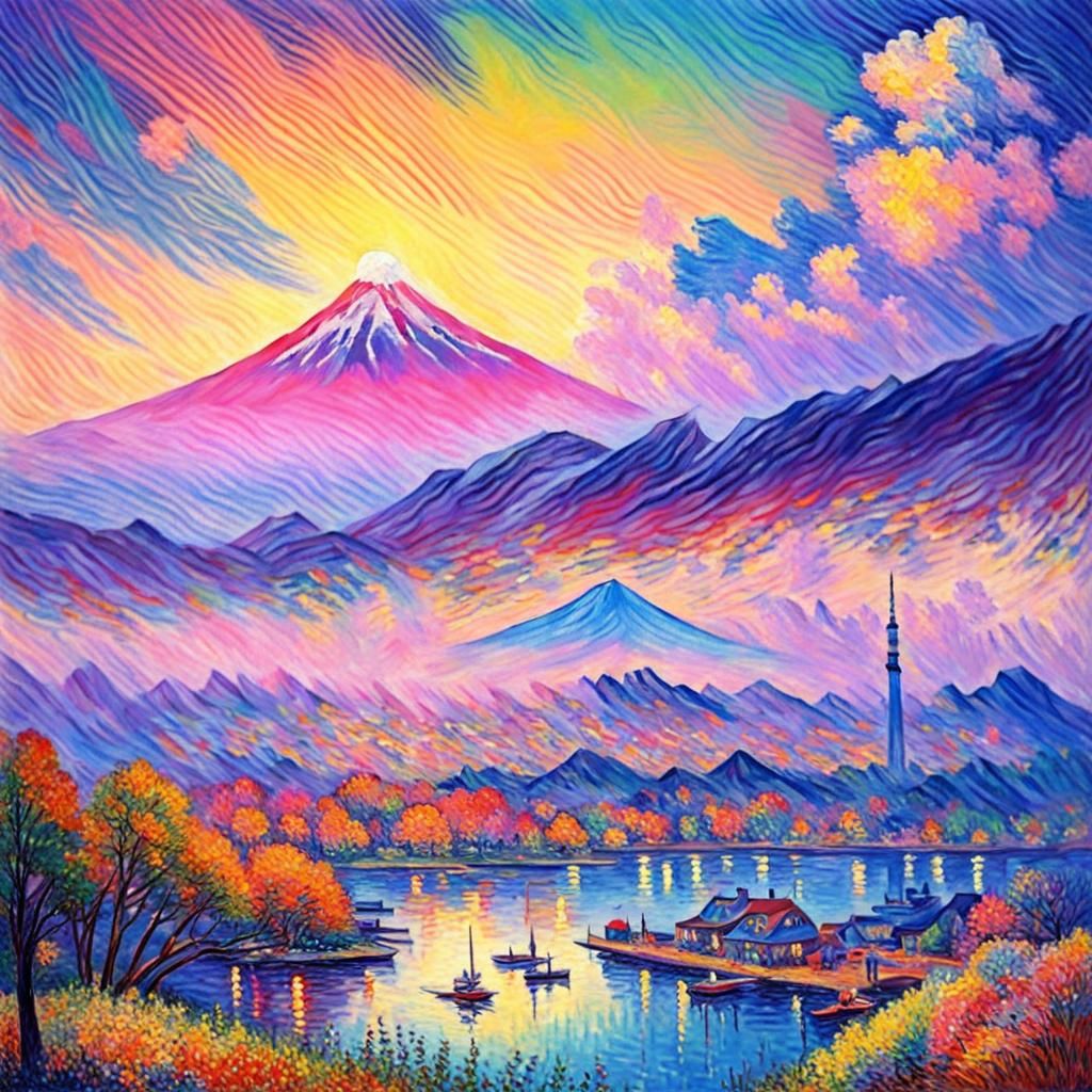 Mount Fuji in Post-Impressionist Style