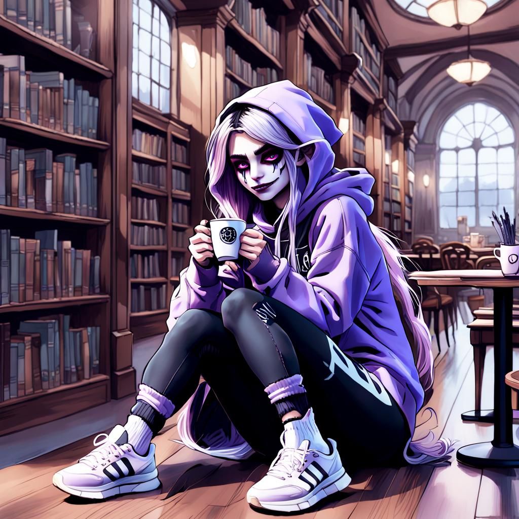 Emo Lavender Elf Sipping Coffee, Fantasy Art