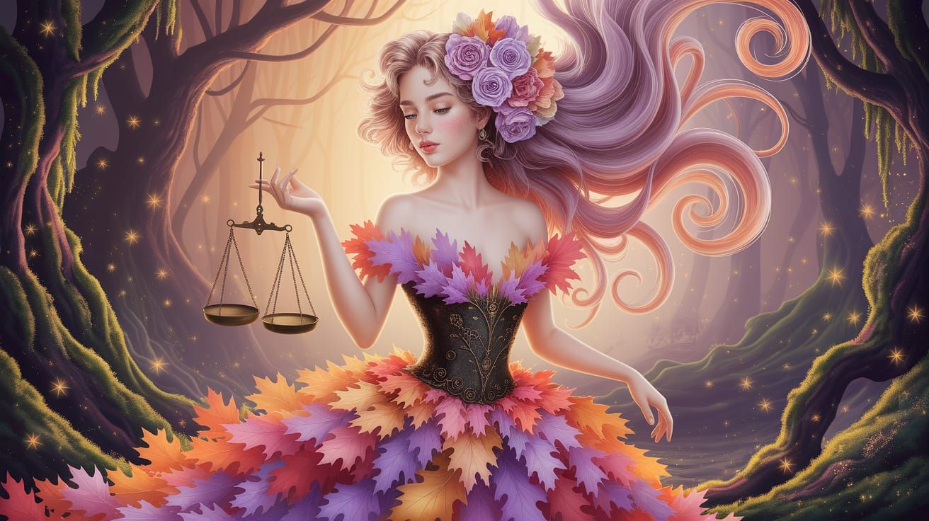 Woman in Autumn Leaves Holding Scale, Art Nouveau Style