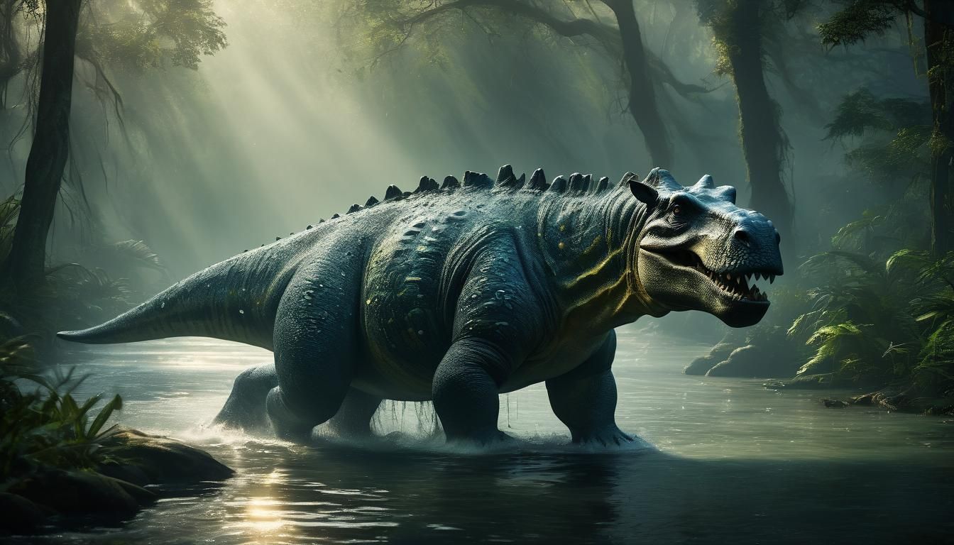 Dinosaur-Hippo Hybrid Roars in Surreal Forest