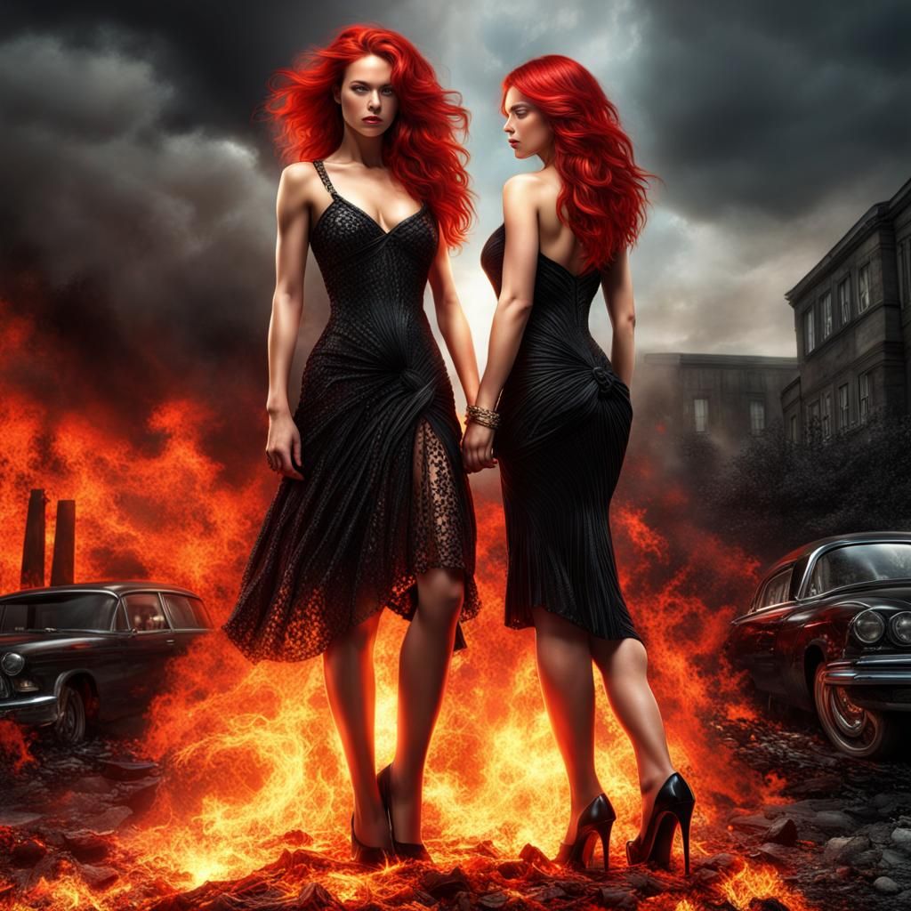Fiery Women in Red and Black, Hyperrealistic Style