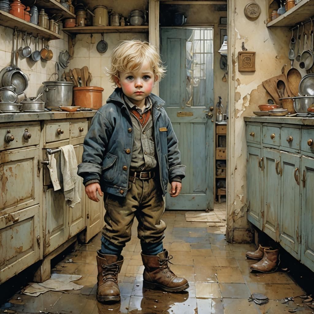 Toddler with Boots, Intricate Detailed Art