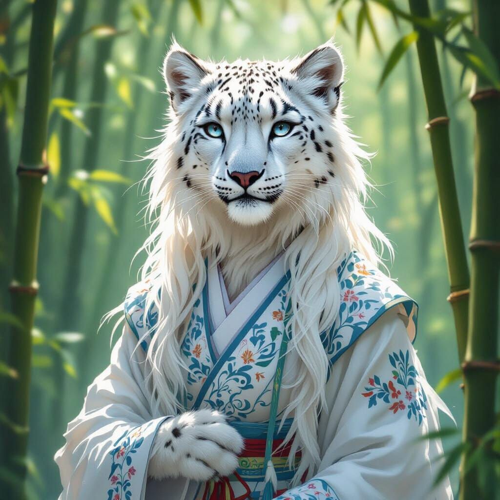 Snow Leopard in Bamboo Forest, Alphonse Mucha Style
