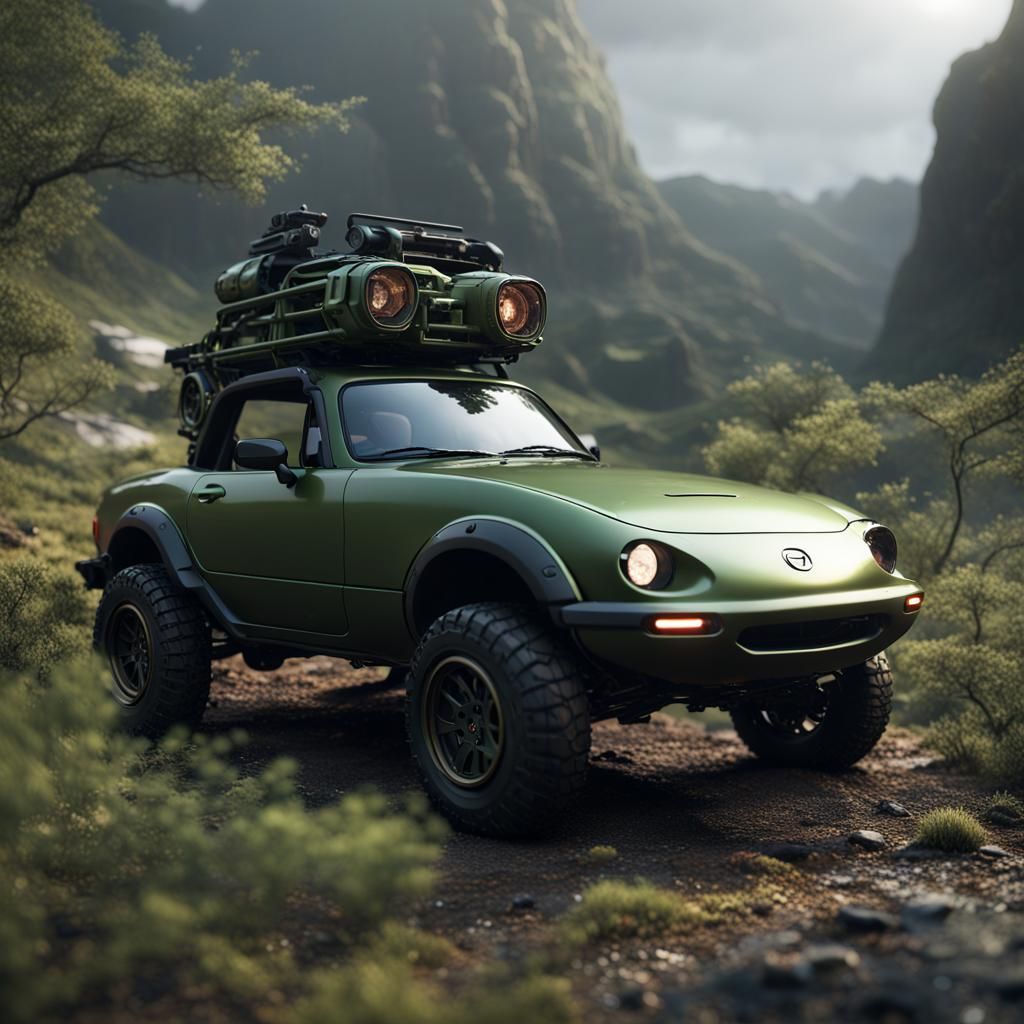 Army Green Offroad Mazda Miata in Wilderness