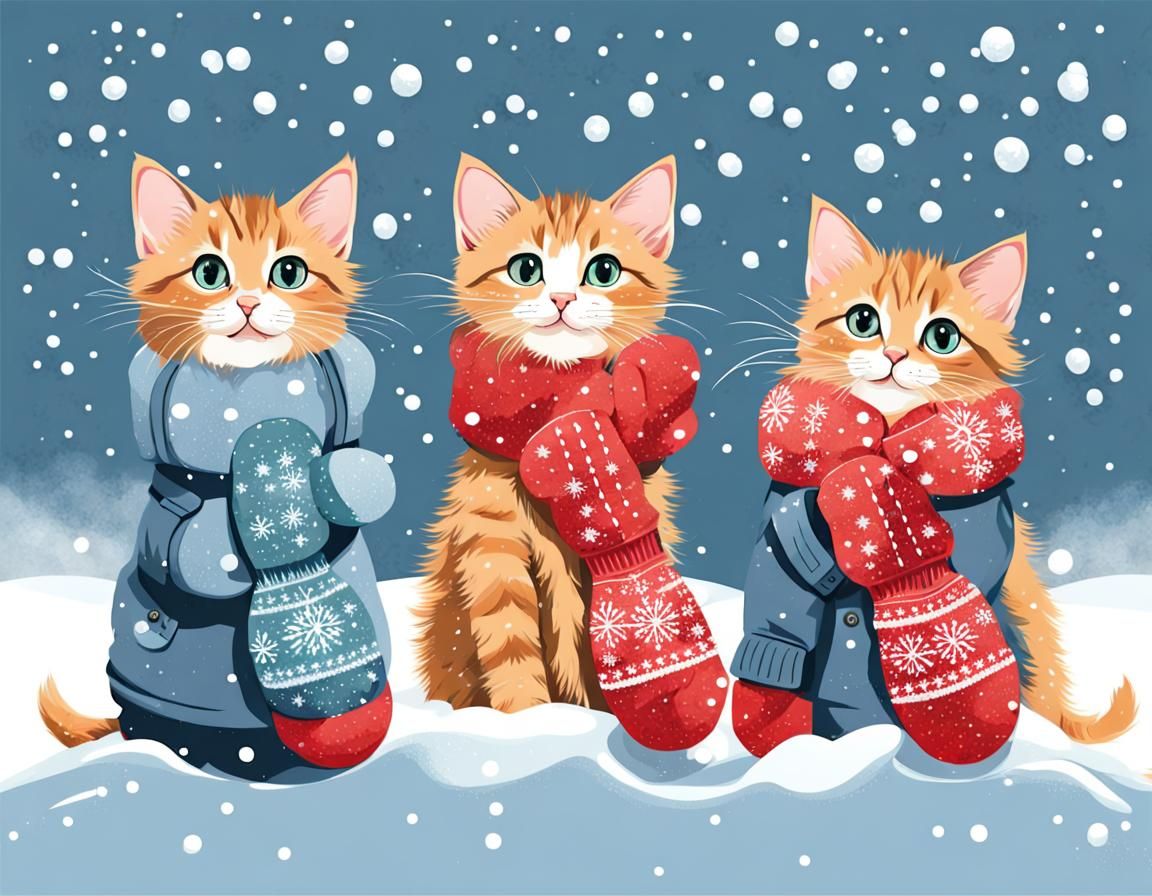 Kittens Play with Mittens in the Snow