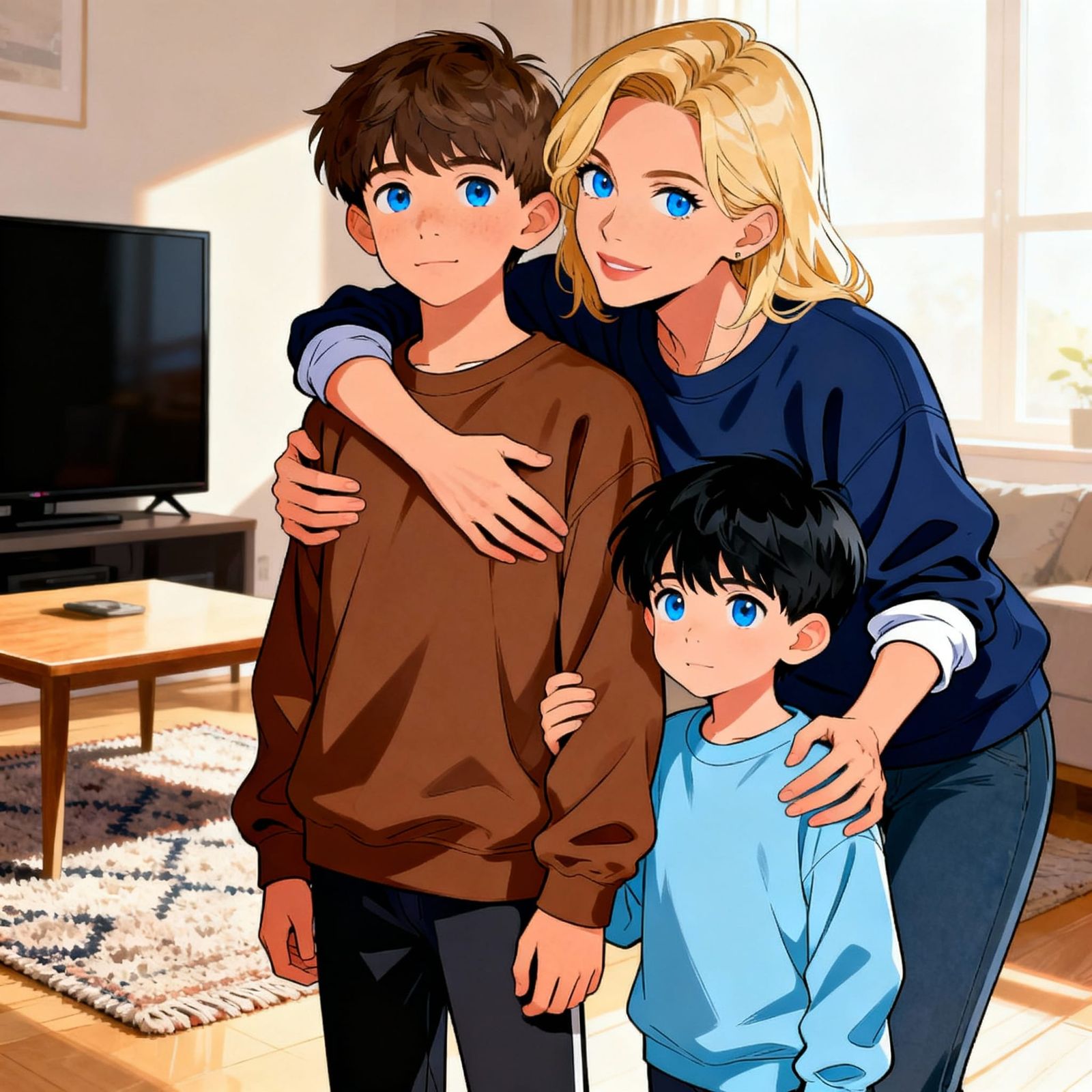 Boy Embraced by Mother in Bright Room, Comic Style