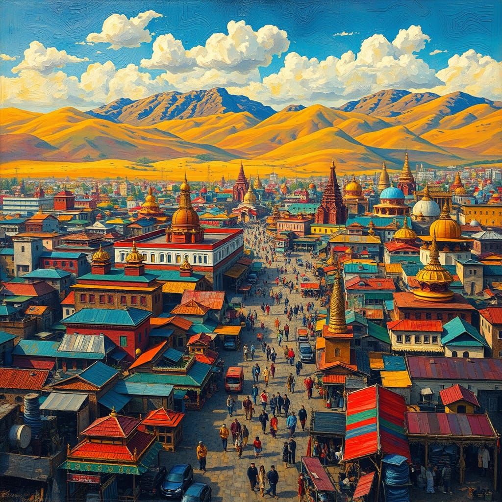 Ulan Bator Cityscape in Vibrant Mongolian Folk Art Style