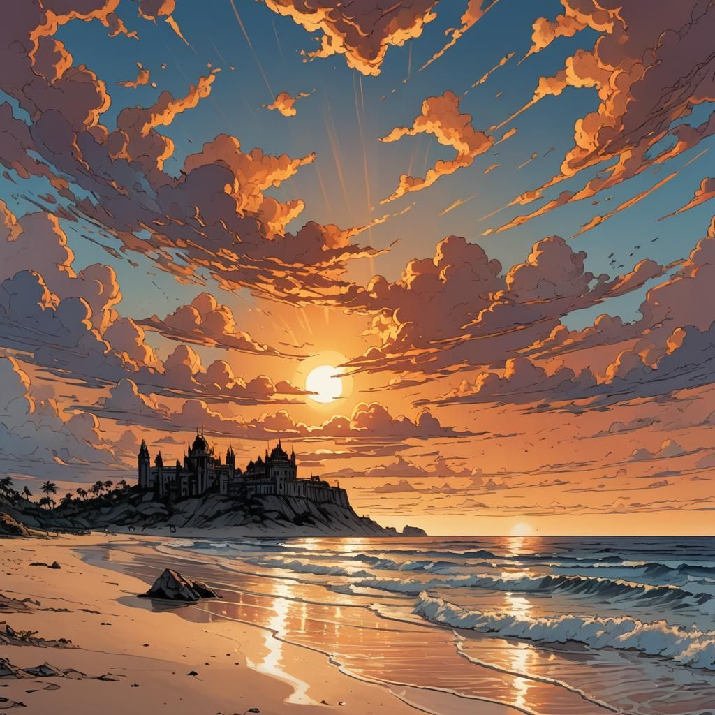 Beach Sunset with Palace in Comic Book Art