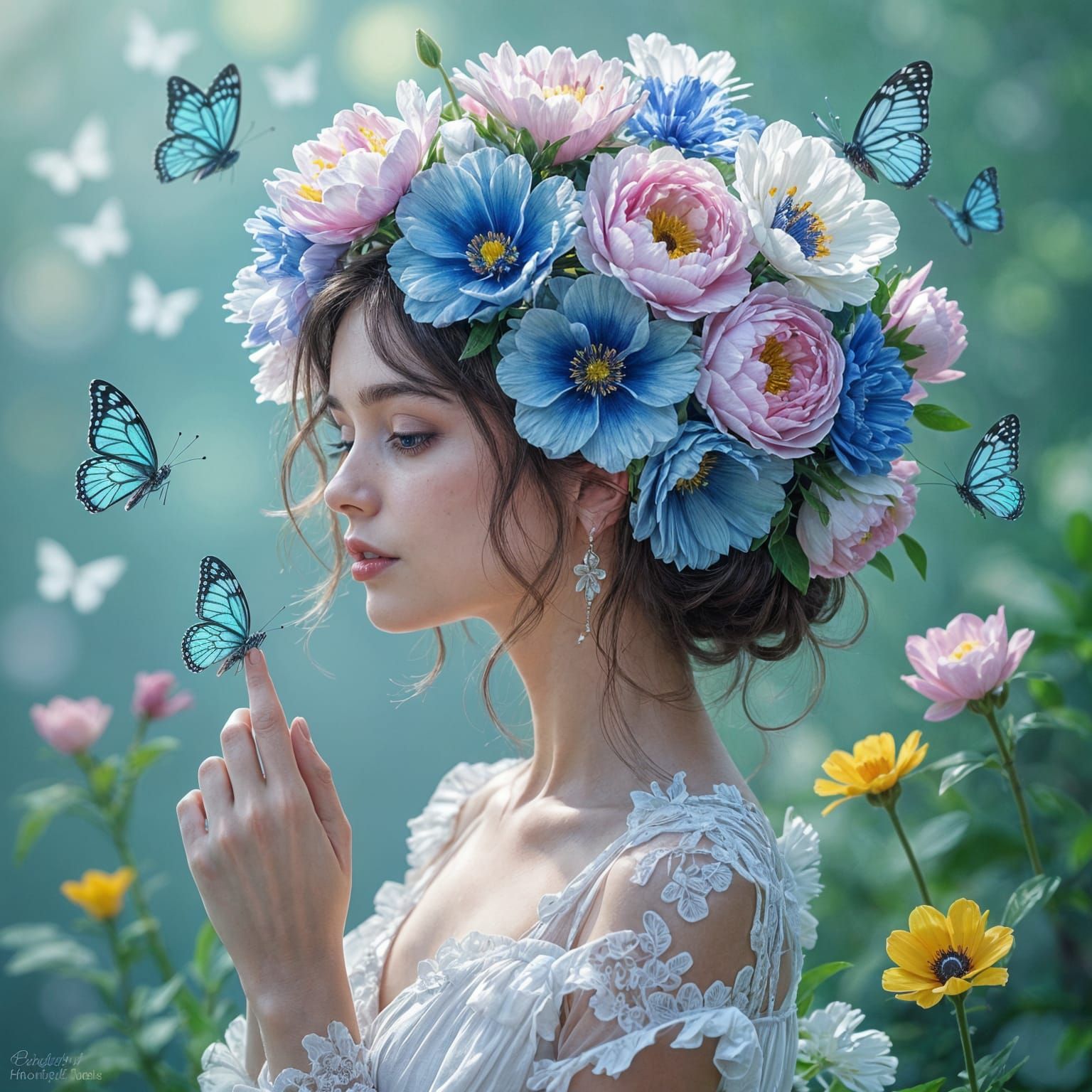 Girl with Floral Wreath and Butterflies