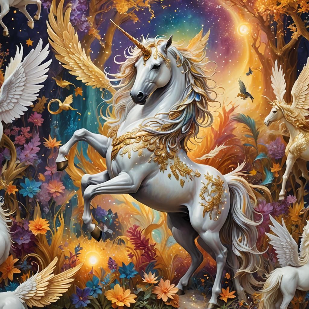 Ethereal Unicorn with Mystical Creatures in Fantasy Realm