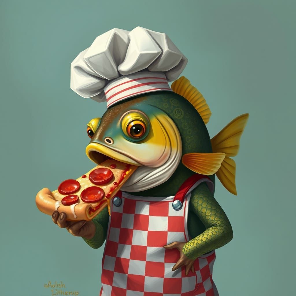 Fish Chef Enjoys Pizza: Whimsical Digital Painting