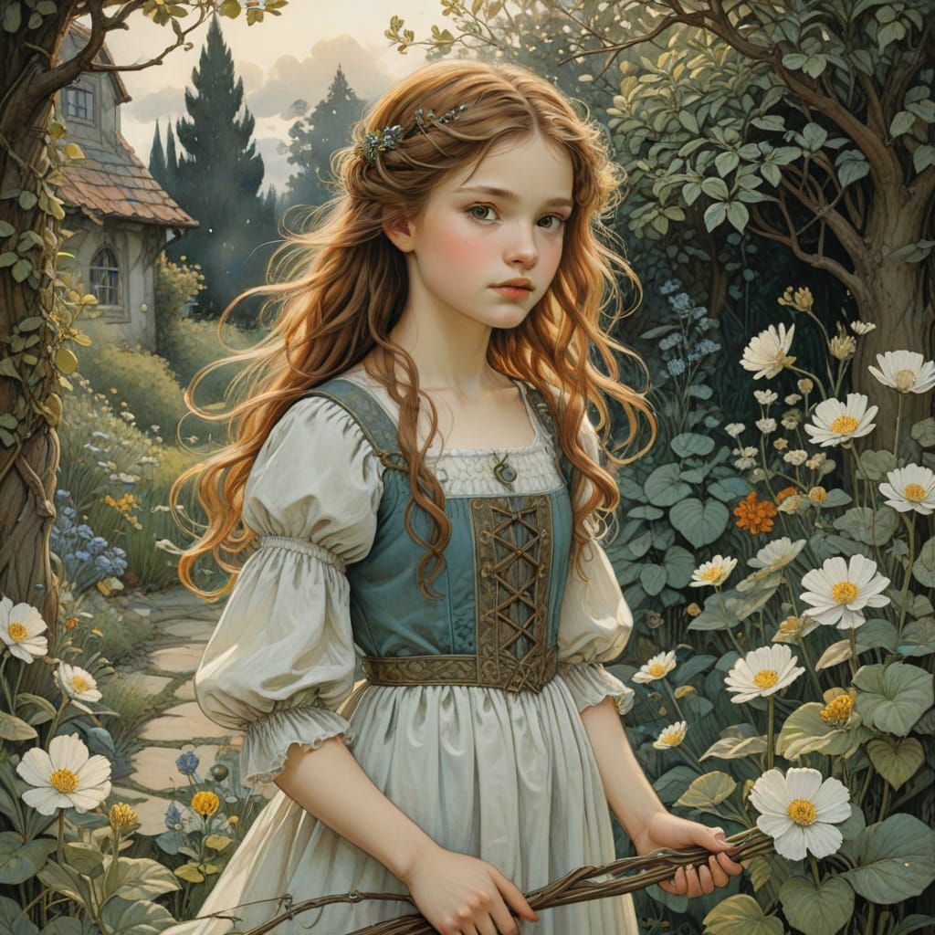 Young Girl in Whimsical Garden Scene