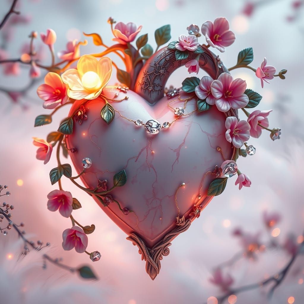 Ethereal Heart Adorned with Whimsical Blooms in Art Nouveau ...