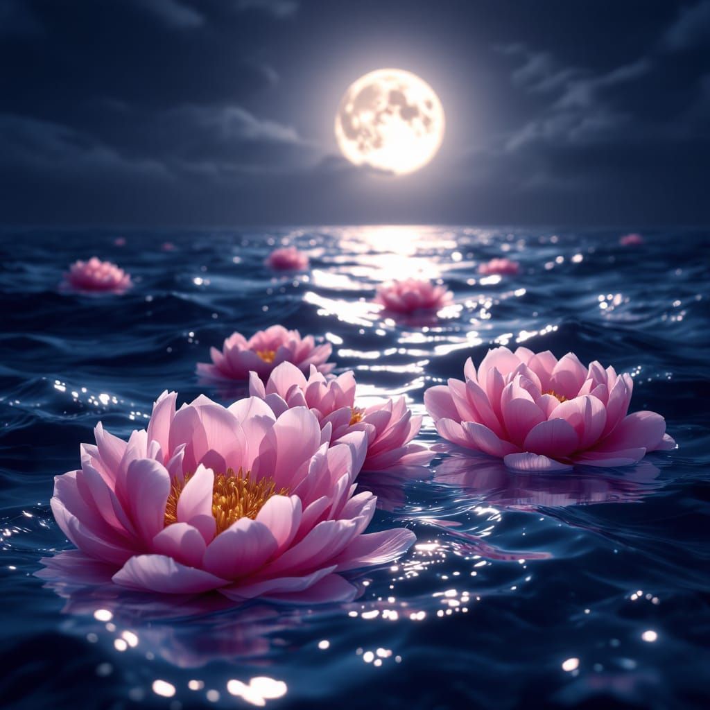 Moonlit Peonies Floating on a Choppy Sea