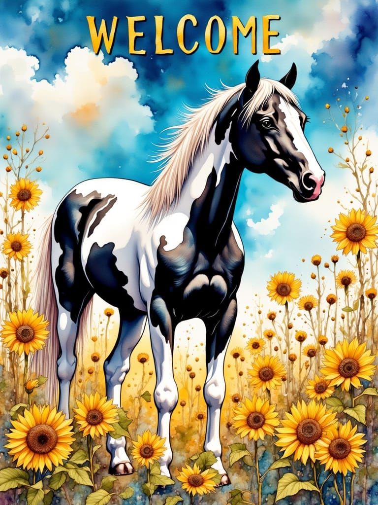 Majestic Paint Horse Amidst Vibrant Sunflowers in a Bright B...