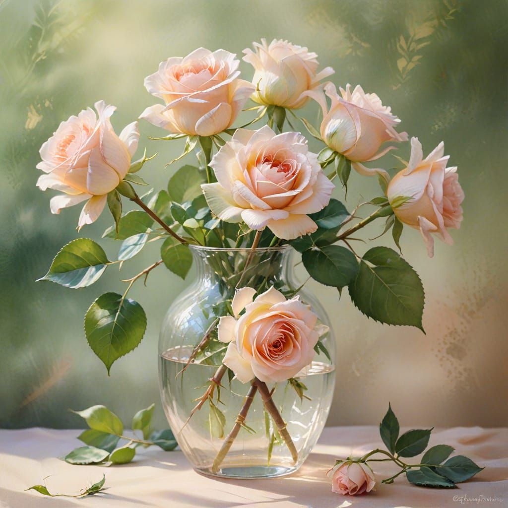 Watercolor Roses in Glass Vase: Impressionistic Still Life