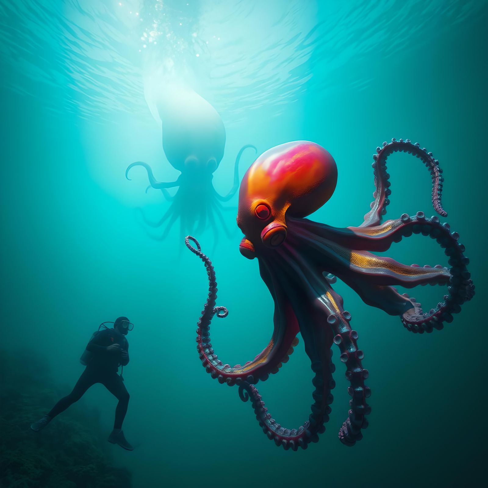 Underwater Scene with Octopus and Skeletons in Matte Paintin...