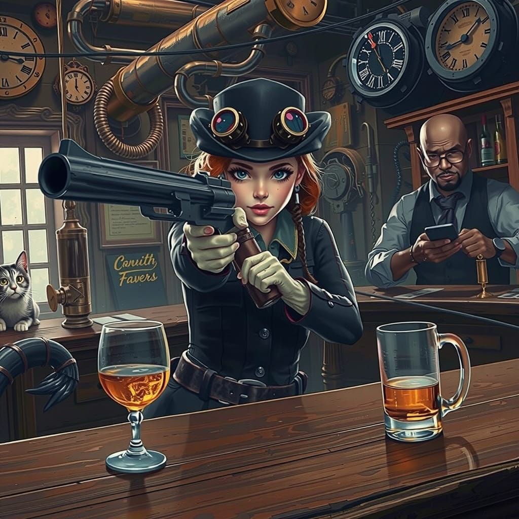 Steampunk Girl Dancing in Lively Western Tavern