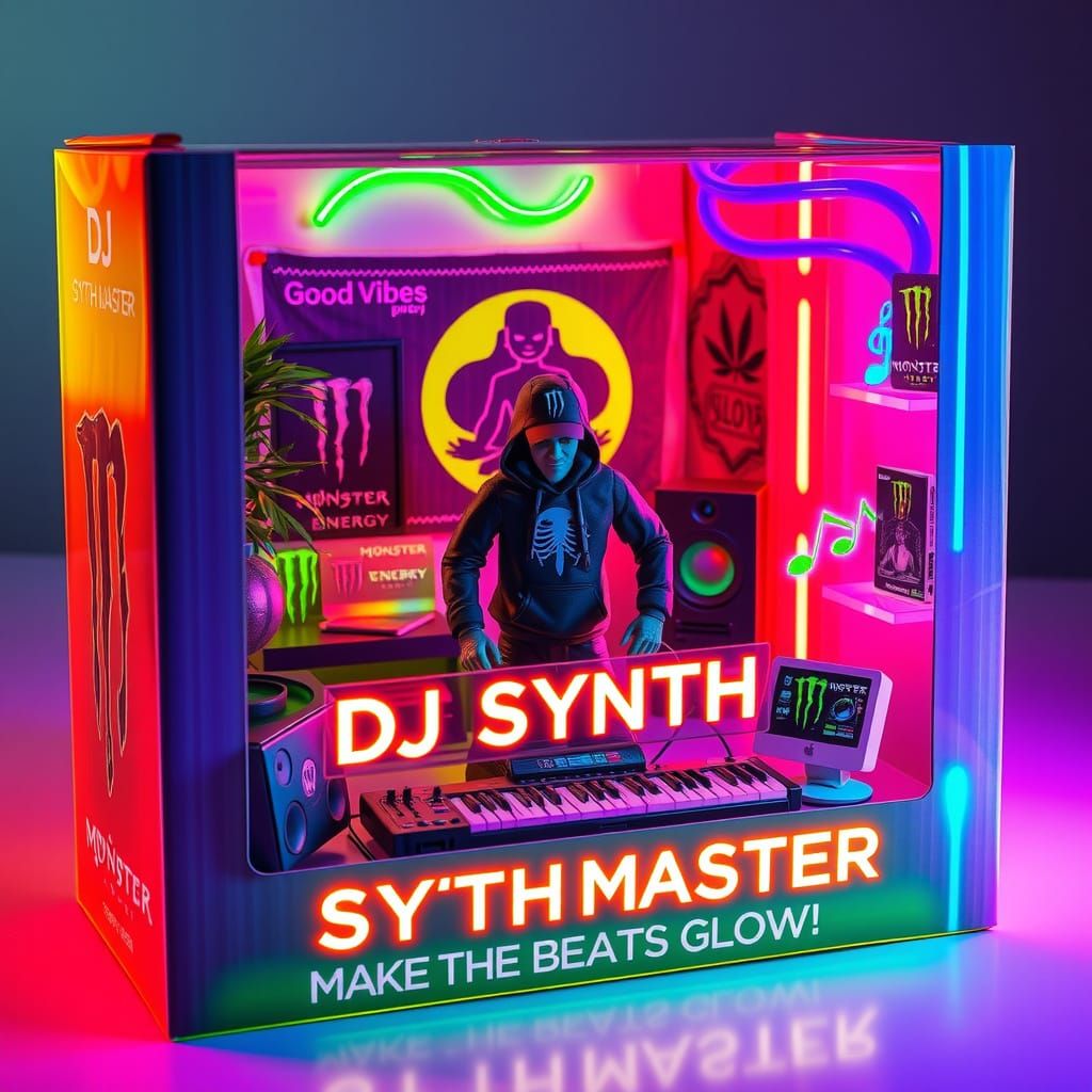 Glowing Music Studio Action Figure Packaging in Neon Style